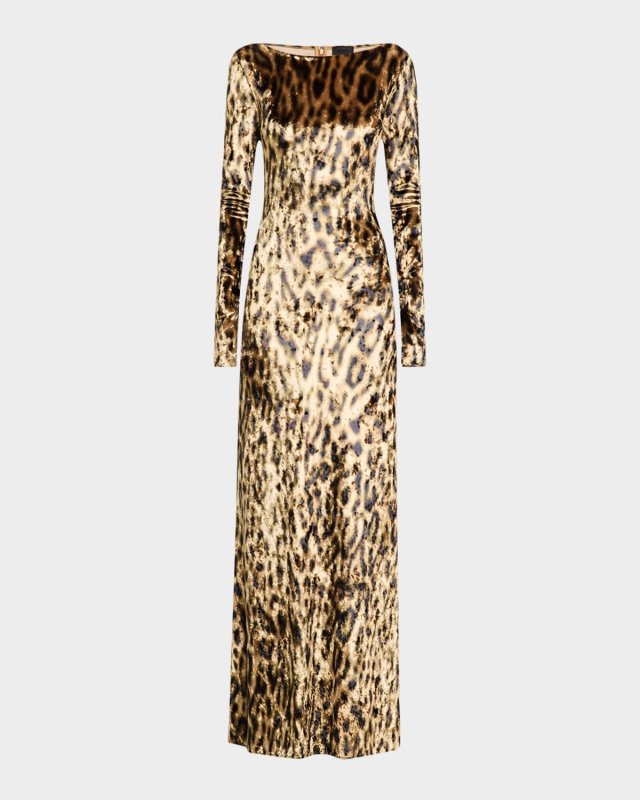 Leopard-Print Velvet Long-Sleeve Gown
